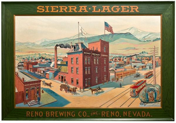 This Reno Brewing Company tin sign from around 1900, 26 inches by 33 inches, framed, is expected to sell for $7,500-$15,000 at the August 6th auction.