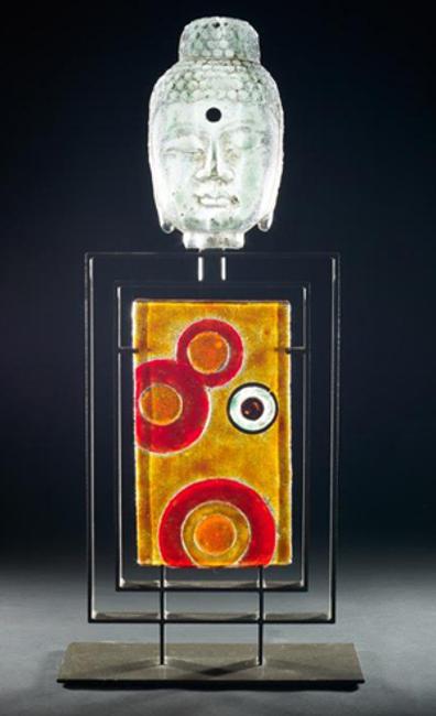 Retro Circles Buddha, glass, copper, and steel, 35 x 16 x 7 inches