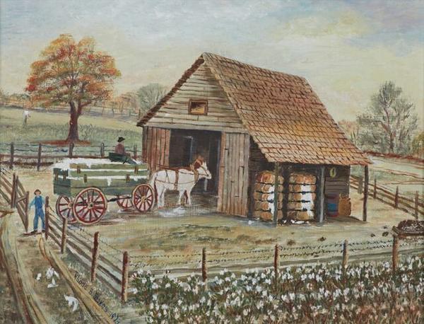 Oil on Masonite painting by Rhoda Brady Stokes (La., 1901-1988), titled Cotton Wagon Going Into the Barn, signed and dated (est.  $1,500-$2,500).