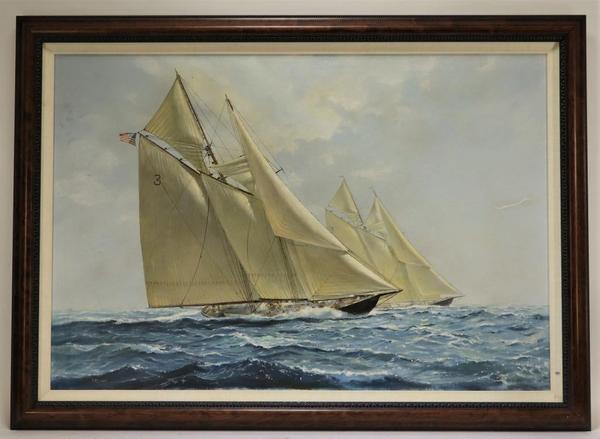 Oil on canvas seascape of a large sailing vessel in choppy waters by Richard K.  Loud (Mass., b.  1942), 38 inches by 26 inches (sight), signed “RKLoud” and framed (est.  $3,000-$5,000).