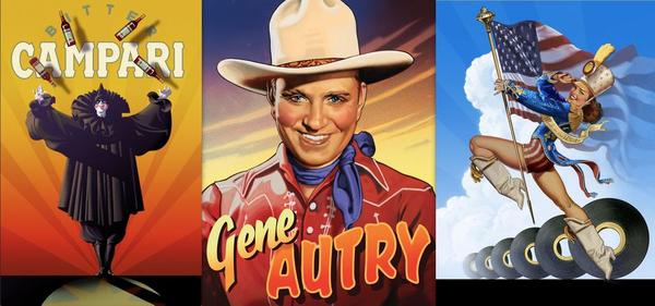 Above images by Robert Rodriguez: (Left) Campari Poster: Poster influenced by the vintage Campari posters of the early 1900’s and late 1800’s.  This was done about 2005.  Digital: Photoshop; (Center) Gene Autry Stamp: One of four cowboys painted for “The Cowboys of the Silver Screen” postage stamp series in 2010.  Digital: Photoshop; (Right) Keep ‘Em Rolling: A drum majorette done for the 60th anniversary of 3M electrical tape in 2007.  One of six posters.  Digital: Photoshop