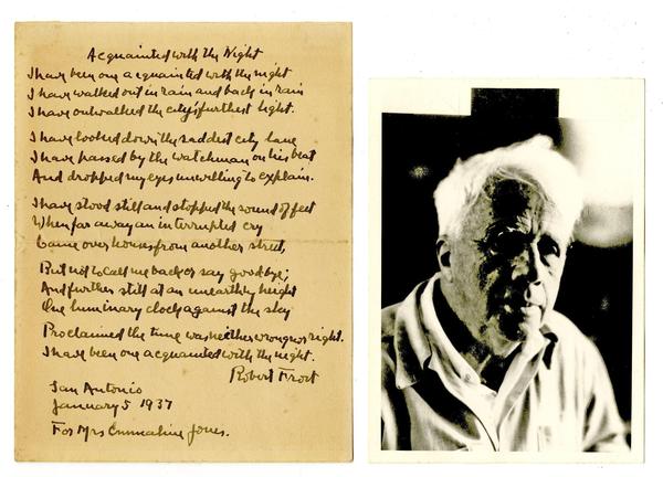 Handwritten copy of the poem Acquainted with the Night by Robert Frost, signed by Frost and dated Jan.  5, 1937, composed for Mrs.  Emmaline Jones (est.  $7,000-$8,000).