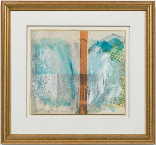 Signed mixed media work by Robert Rauschenberg (American, 1925-2008), with imagery of satellites, utensils, 3-D constructs, medallions, etc., dated “86” (est.  $15,000-$30,000).