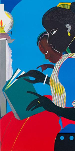 Romare Bearden, The Lamp, 1984.  Lithograph.  The Amistad Center for Art & Culture.  © 2019 Romare Bearden Foundation / Licensed by VAGA at Artists Rights Society (ARS), NY.