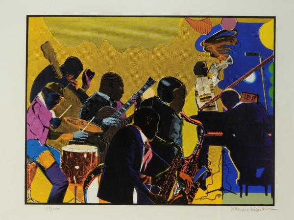 Modernist depiction of an African American jazz band lithograph by noted African American artist Romare Howard Bearden (N.Y./N.C., 1911-1988), edition #129 of 200 ($2,125).