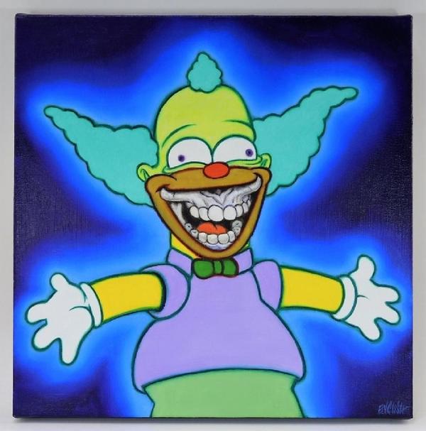 Painting of the Simpsons character Krusty the Clown by Ron English (Ill./Tex., b.  1959), 16 inch by 16 inch acrylic on canvas titled Krusty the Grin, circa 2017 (est.  $20,000-$25,000).