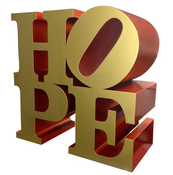 From Rosenbaum Contemporary, Robert Indiana's HOPE, Gold, Red.