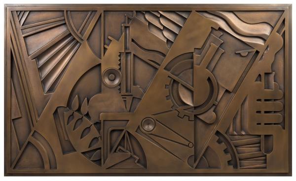 Bronze plaque by Roy Lichtenstein, titled Peace Through Chemistry, 27 inches by 46 inches (est.  $80,000-$120,000).