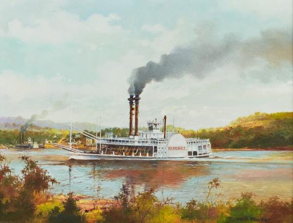 Oil on canvas painting by Robert M.  Rucker (La., 1932-2000), titled The Steamboat Natchez (est.  $2,000-$4,000).