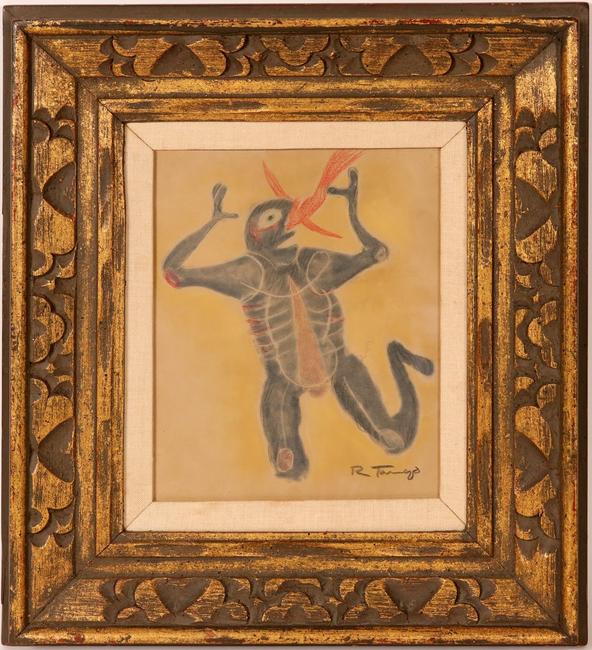 Pastel on paper painting of a reptilian alien swallowing a phoenix by the noted Mexican artist Rufino Tamayo (1889-1991), signed and framed ($4,250).