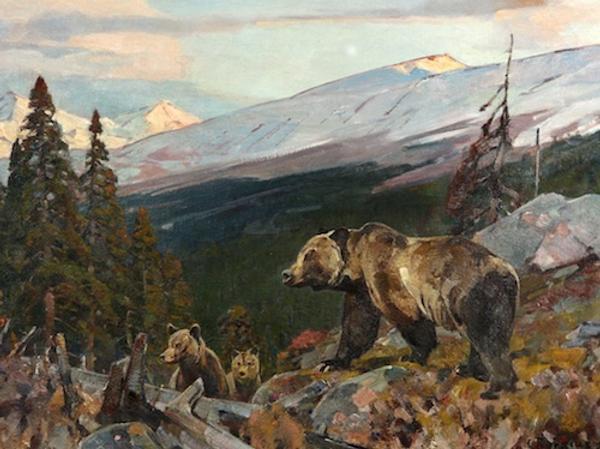 Rungius, Carl 1869-1959 "Grizzly Bear and Cubs" oil 24 x 32