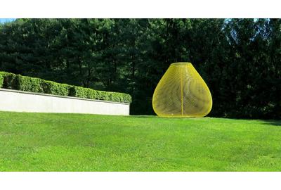 John Ruppert, Yellow Orb/Homage to Van Gogh, 2014, Stainless steel and powder-coated chain link, 10’ 2” x 9’ diameter, Courtesy of the artist, Photograph by Margaret Moulton.  