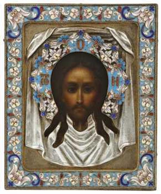 This Russian icon of Jesus, done circa 1910, measures 5 1/4 inches by 4 1/4 inches.