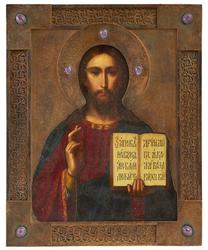 19th century Russian icon of Christ Pantocrator, featuring a silver oklad mounted with oval cabochon purple stones, 10.75 inches tall (est.  $3,000-$5,000).