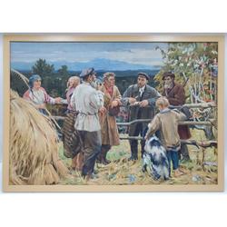 Russian monumental oil on canvas painting, apparently unsigned, titled Lenin Talking to Farmers, 19 inches by 16 inches (sight, less the beautiful frame) (estimate: $800-$1,200).