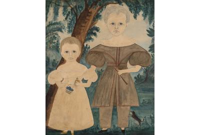 Ruth Whittier Shute and Samuel Addison Shute, Portrait of Two Children from the Prescott Family with a Dog, circa 1831, Watercolor and pencil on paper.  Est.  $100,000-150,000.  Lot 373.