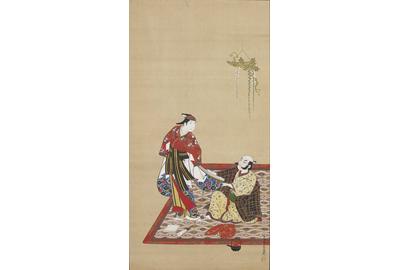 A seated bewhiskered man pulling the sleeve of an adolescent boy (wakashū) by Miyagawa Isshō (1689–1779).  To be exhibited in Paintings and Prints of the Floating World.  