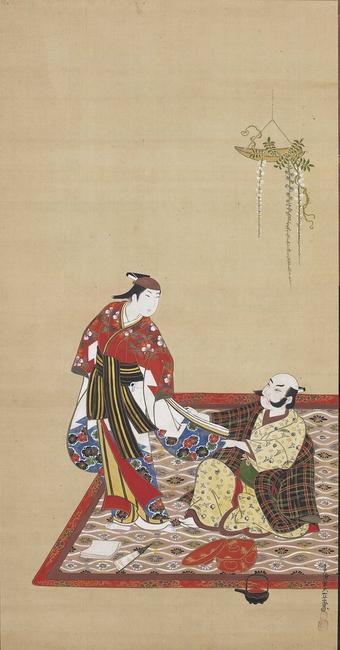 A seated bewhiskered man pulling the sleeve of an adolescent boy (wakashū) by Miyagawa Isshō (1689–1779).  To be exhibited in Paintings and Prints of the Floating World.  