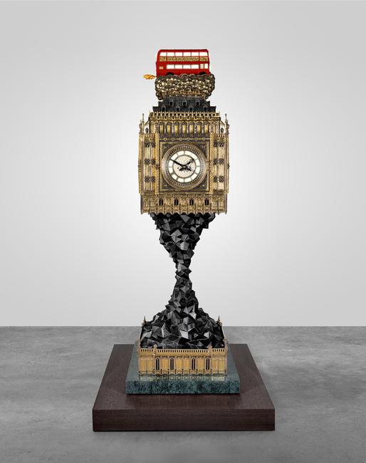 STUDIO JOB | BIG BEN (AFTERMATH) 2009 - 2014; POLISHED AND PATINATEDED BRONZE, ALUMINIUM, BRASS, 24K GILDING AND SILVERLEAF, HAND PAINTINGS, HAND BLOWN GLASS, WESTMINSTER CLOCKWORKS AND GONG, LED FITTINGS, STEEL CONSTRUCTION, POLISHED VERDE GUATEMALA MARBLE, WENGÉ H250 L120 W120 CM / H98.4 L47.2 W47.2 IN, LIMITED EDITION OF PROTOTYPE + 5 + 2 AP COURTESY CARPENTERS WORKSHOP GALLERY & LOEK BLONK