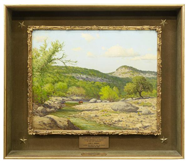 Historic oil on canvas painting by Porfirio Salinas (Texas, 1910-1973), created to be presented to President John F.  Kennedy at the LBJ ranch on Nov.  23, 1963 (est.  $75,000-$125,000).