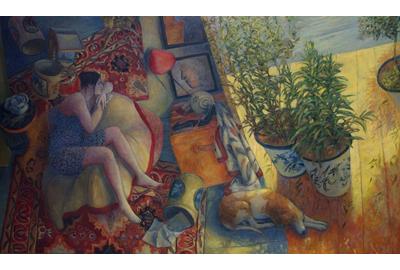 Do Fournier (French, b.  1951) Salon et terrasse (Lounge on the Terrace) Oil on canvas, 38 x 64 inches Signed 