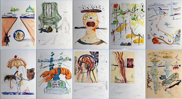 Rare suite of ten original mixed media impressions by Salvador Dali (1904-1989), titled Imaginations and Objects of the Future (#60 of 250), signed by Dali (est.  $12,500-$22,500).  