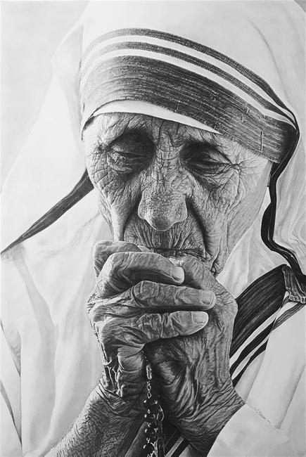 Samantha Messias, Mother Teresa ''Pray for us'', Pencil & Charcoal, 23'' x 15.5''