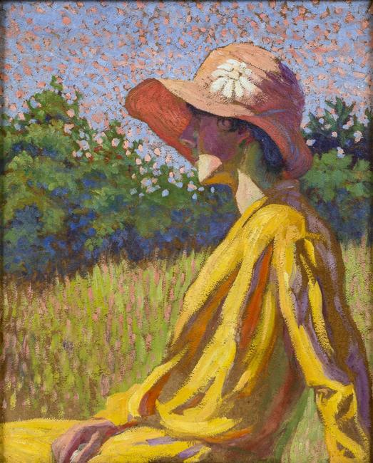 Grace Cochrane Sanger (1885-1966) The Red Cloche.  Oil on canvasboard, 20 x 16 inches.  Signed lower left