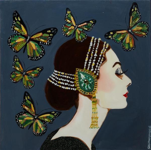 Mixed media painting by New Orleans artist Sarah Ashley Longshore (b.  1975), popularly known as Ashley Longshore, titled Audrey Hepburn with Butterflies (est.  $6,000-$9,000).  