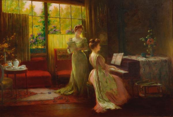 Oil on canvas painting by Sarkis Diranian (Turkish, 1854-1918), titled The music room ($2,000-3,000).