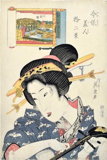 Keisai Eisen (1790-1848) Twelve Views of Modern Beauties: Ryogoku Bridge, Woman of Light-hearted Appearance Signed Keisai Eisen ga, with artist's red circular seal Sen on the collar, and with publisher's seal Izumi-ichi (Izumiya Ichibei), censor's kiwame seal, ca.  1822-23 oban tate-e 15 1/8 by 10 1/4 in.  (38.5 by 26 cm) 