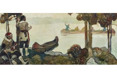 Frank E.  Schoonover (1877-1972), Trappers On The Lake, 1932, oil on canvas, 20 by 44 inches, Estimate: $100,000-$150,000