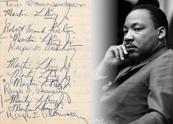 Excerpts from four logbook pages [two front and two back sides] bearing 12 signatures of the Rev.  Dr.  Martin Luther King Jr., and five signatures of his associate and mentor Ralph Abernathy, signed during their 1963 incarceration at the Birmingham (Ala.) Jail.  During that incarceration King produced his manifesto on non-violent civil disobedience known as “Letter From A Birmingham Jail.” Provenance: salvaged by a Birmingham jail employee.  Hake’s COA, JSA LOA.  Opening bid: $10,000