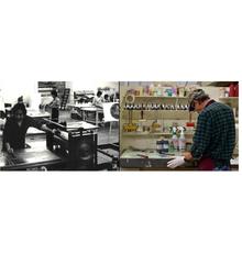 Left: Master Printer inking a plate, Taller de Grafica Mexicana; bottom right: Master Printer Rodrigo Montoya preparing inks, Mixografia in Los Angeles.  