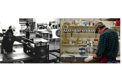 Left: Master Printer inking a plate, Taller de Grafica Mexicana; bottom right: Master Printer Rodrigo Montoya preparing inks, Mixografia in Los Angeles.  