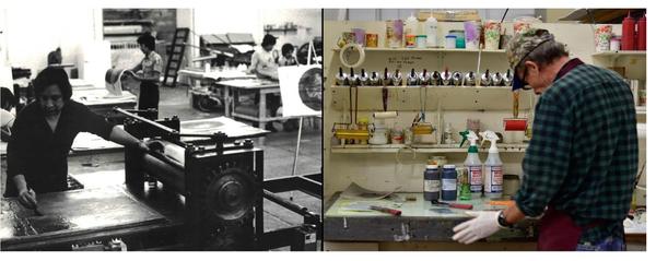 Left: Master Printer inking a plate, Taller de Grafica Mexicana; bottom right: Master Printer Rodrigo Montoya preparing inks, Mixografia in Los Angeles.  