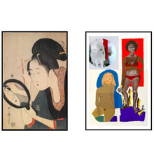 L: Kitagawa Utamaro, Painting the Eyebrows, ca.  1795-96, Scholten Japanese Art R: Emma Amos, 3 Ladies, 1970, Mary Ryan Gallery 