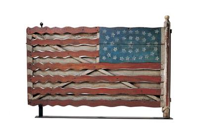 Flag Gate, Jefferson County, New York, c.  1876; Artist unidentified; paint on wood with iron and brass; 39 ½ x 57 x 3 ¾ inches; Collection American Folk Art Museum, New York; Gift of Herbert Waide Hemphill Jr.  in honor of Neal A.  Prince, 1962.1.1; photo by John Parnell, New York