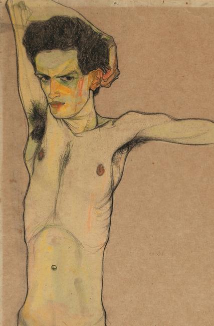 Egon Schiele, Self-Portrait, 1910 (detail).  Watercolor and charcoal on Packpapier 