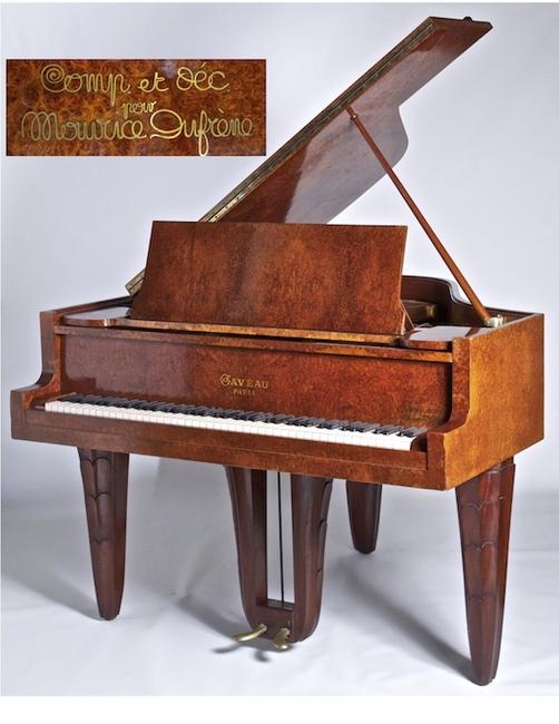 Maurice Dufrène designed Piano, 1925, Gaveau company, amboyna and sculpted purple heart, Calderwood Gallery