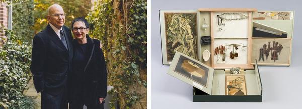 Aaron and Barbara Levine.  Photo by Eli Meir Kaplan.  Right: Marcel Duchamp, The Box in a Valise/Boite en Valise (Series E) From or by Marcel Duchamp or Rrose Selavy, 1963.  Cincinnati Art Museum, Ohio, USA.  Duchamp / Bridgeman Images.  Association Marcel Duchamp / ADAGP, Paris / Artists Rights Society (ARS), New York 2018