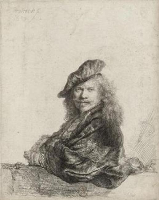 Rembrandt van Rijn, Self-Portrait Leaning on a Stone Sill, 1639.  Etching, with touches of drypoint; 8.07 x 6.45 in.  Bibliothèque nationale de France, Department of Prints and Photography.