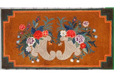 Double Cornucopia hooked rug, a brilliantly colored, finely hooked example from Maine