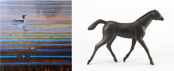 Artwork by Western Visions Featured Artists: left, “Arctic Loon” by Ewoud de Groot, oil on canvas on panel, 22 x 22 inches, $15,600; right, “Little Horse Trotting” by Gwynn Murrill, bronze sculpture (edition of 9), 12.5 x 17 x 3 inches, $18,000.