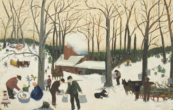 Anna Mary Robertson “Grandma” Moses (1860-1961), Bringing in the Maple Sugar, 1938, Oil on canvas, 14 x 23 in.  Private Collection Courtesy Galerie St.  Etienne, New York © 1946 (renewed 1974), Grandma Moses Properties Co., New York