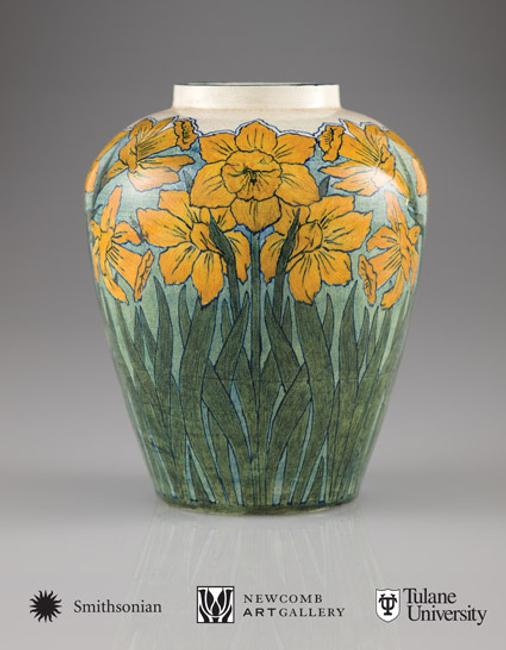 Vase, 1897.  Daffodil design.  Underglaze painting with glossy glaze.  Unknown decorator; Joseph Meyer, potter.  On loan to the Newcomb Art Gallery from Ruth Weinstein Lebovitz