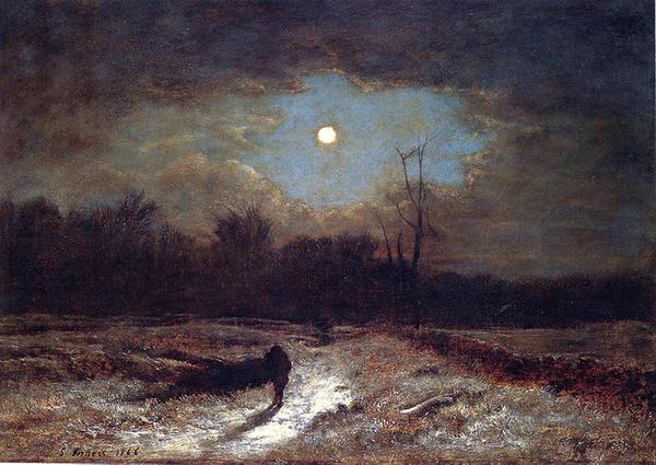 George Inness (American, 1825-1894).  Winter Moonlight (Christmas Eve), 1866.  Oil on canvas.  Collection of the Montclair Art Museum.  Museum purchase; Lang Acquisition Fund, 1948.29.  