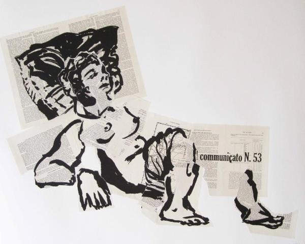 William Kentridge, Olympia 53, 2007.  William Kentridge, Hand lithograph and collage.  Signed and numbered.  Image size: 29 1/2 x 36 3/4 inches.  Edition of 25.  Courtesy of Robert Brown Gallery.  