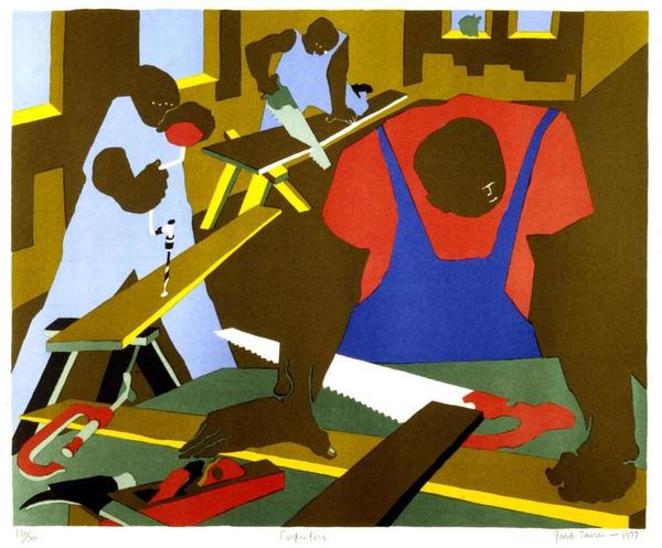 "Carpenters" lithograph by Jacob Lawrence in the Bruce Museum exhibition"ReTooled: Highlights from the Hechinger Collection."