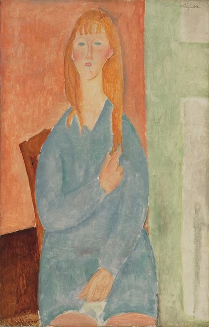 From Hammer Galleries, Amedeo Modigliani's Jeune fille assise, les cheveux dénoués (Jeune fille en bleu)